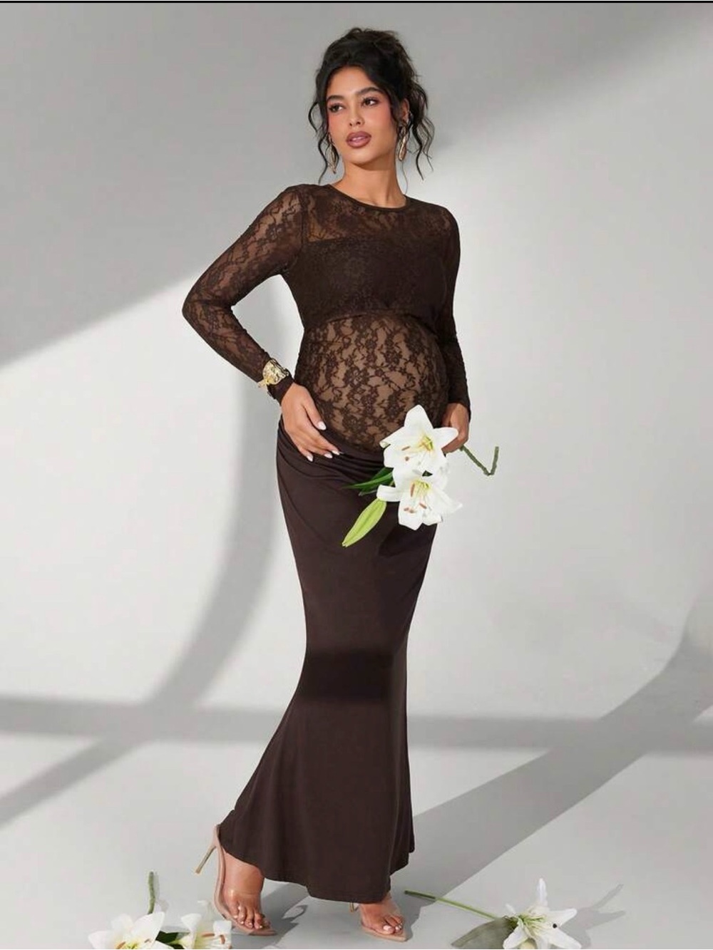 Brown Lace Maternity Mermaid Gown